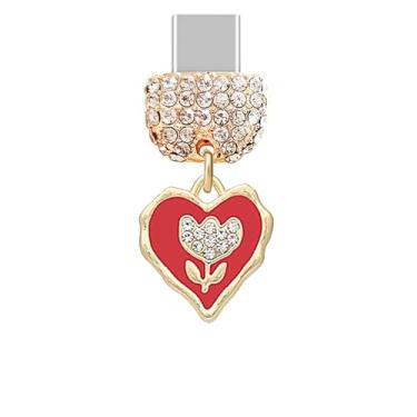 Imagem de ELISE & FONDA TP878 Tipo-C Porta de carregamento Cristal Antipoeira Plug Little Love Heart com pingente de telefone celular flor rosa para iPhone 15/16/Samsung/OnePlus/Xiaomi/oppo telefones Android