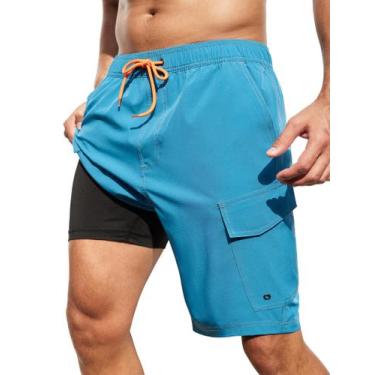 Imagem de Calções de banho SILKWORLD masculinos com forro de compressão azul pav