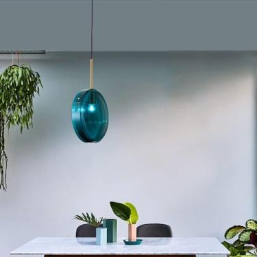 Imagem de Lustre moderno丨Luminária pendente de vidro azul丨Luminária de teto para restaurante丨Luminárias suspensas compatíveis com bar, quarto, loja, decoração moderna