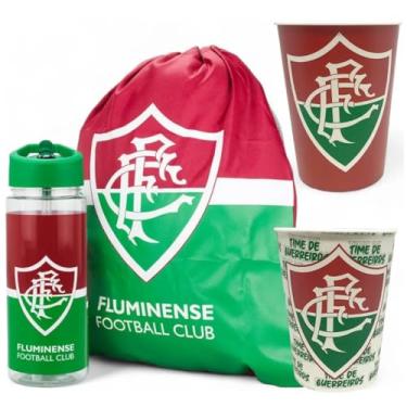 Imagem de Garrafa Squeeze Treino Academia 450ml Mochila Saco Futebol Fluminense Kit Presente Torcedor Tricolor