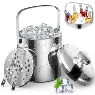 Imagem de 1.3L Balde Gelo Aço Inox Parede Dupla com Pegador Tampa Alça, Balde Térmico com Pinça, Tbalde Termico com Coador