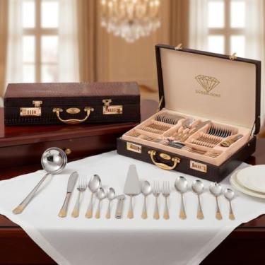 Imagem de Faqueiro Jogo de Talheres Inox Luxo 84 Peças Dourado Banhado a Ouro Maleta de Couro