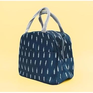 Imagem de Bolsa Marmita Térmica Estampada – Compacta com Alça e Bolso Lateral, Ideal para Trabalho, Faculdade e Academia (Azul com Folhas Brancas)