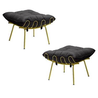 Imagem de Kit 2 Puff Decorativo Sala de Estar Abel Pés Dourado Veludo Preto - Gran Belo
