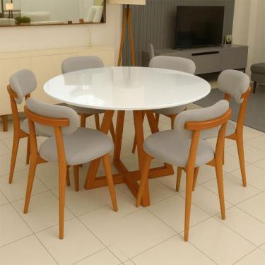 Imagem de Mesa de Jantar 1,35m com Tampo de Vidro e 6 Cadeiras em Madeira Natura