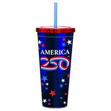 Imagem de Spoontiques Copo de alumínio America 250 - Copo de acrílico de 590 ml com canudo - Tampa de bloqueio metálico - Isolamento de parede dupla e livre de BPA