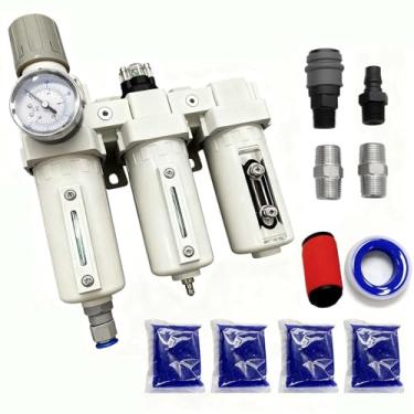 Imagem de YSIL Sistema de secagem de ar industrial NPT grau 3 estágios 1/5.1 cm filtro de partículas secador dessecante com regulador de ar, tigela de metal 0-240PSI (drenagem automática)