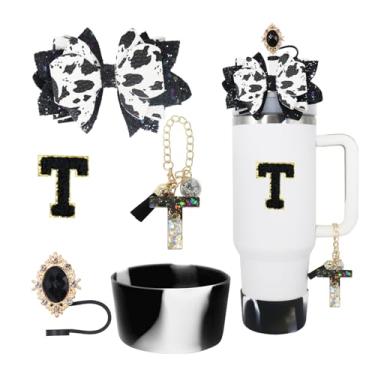 Imagem de RENUIS Conjunto de 5 peças de acessórios para copos Stanley 30 e 1,134 g com alça, incluindo topo de palha, bota de silicone com glitter, decoração de arco de palha, pingente de letra de identificação