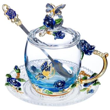 Imagem de LANTREE Presente para mulheres, mãe, avó, aniversário, chávenas de chá extravagantes, canecas de café vintage, conjunto de presente de chá para mulheres, caneca de café de vidro para amantes de chá de