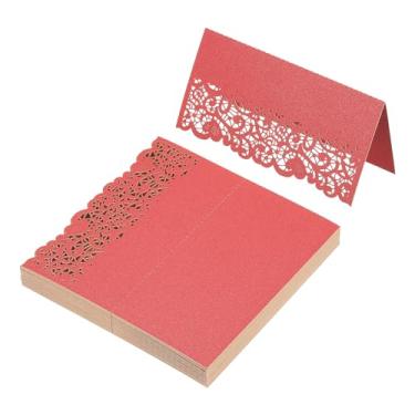 Imagem de PATIKIL 50 peças de cartões de casamento, corte a laser, mesa de renda, cartões dobrados, cartões de nome para mesa de casamento, recepção de buffet, vermelho perolado