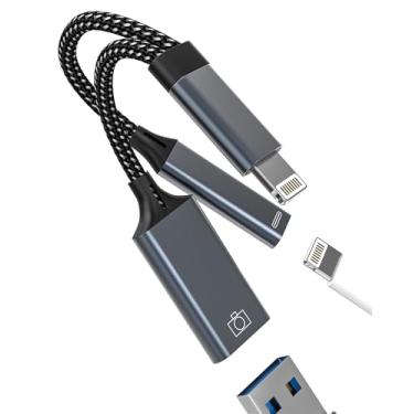 Imagem de Adaptador USB Lightning para iPhone 14 Pro OTG cabo carregador (2 em 1) porta USB-A para Apple para iPad teclado mouse flash drive divisor adaptador de carregamento câmera digital leitor de cartão