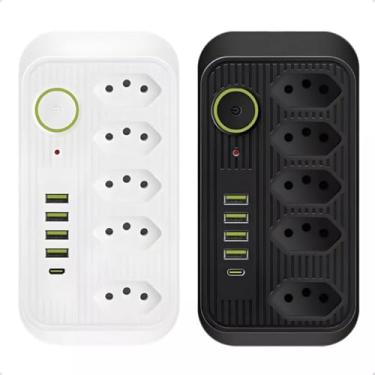 Imagem de Filtro de Linha com 5 Tomadas, 4 Portas USB, 1 Porta Tipo-C, Proteção Contra Sobrecarga, Botão Interruptor, Design Moderno em Preto