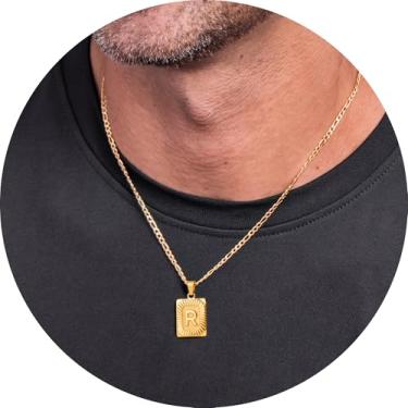 Imagem de Colar masculino com inicial, pingente de letra retangular de A a Z, corrente de aço inoxidável banhada a ouro, joia de monograma personalizada, 20in, Aço inoxidável, Sem Pedra Preciosa