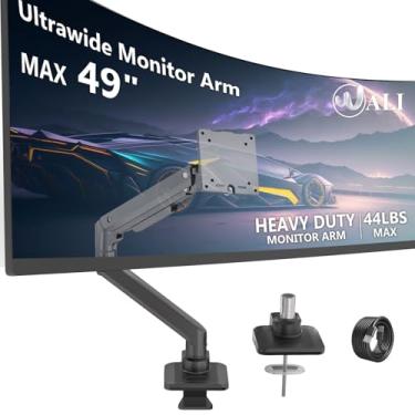 Imagem de WALI Suporte de mesa com mola a gás para monitor único, braço de monitor resistente para tela Ultrawide de até 124 cm, 20 kg com USB. Totalmente ajustável, orifícios de montagem 75 e 100 (GSMU001XL),