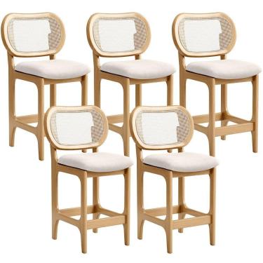 Imagem de Kit 5 Banquetas Baixa Bar Cozinha Sala De Jantar Betta L02 Mel Tela Linho Cru - Lyam Decor