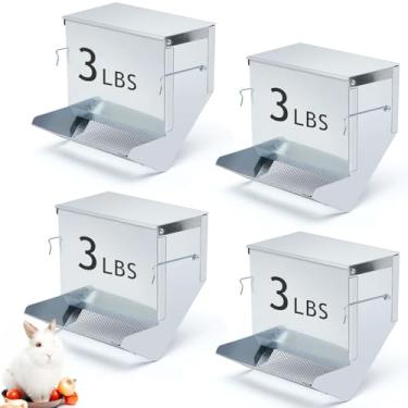 Imagem de Maxcheck 4 alimentadores de coelho para gaiolas, dispensador de comida de animais pequenos com tampa, alimentadores de coelho de metal para porquinhos-da-índia (19 cm, prata)
