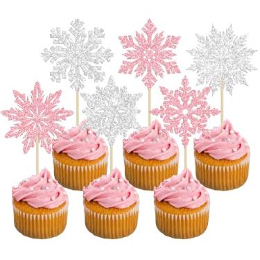 Imagem de Ephlyn 30Pcs Snowflake Cupcake Toppers Glitter Winter Snowflake Cupcake Picks Winter Frozen Cake Decorations Christmas Baby Shower Kids Birthday Party Supplies Pink Silver