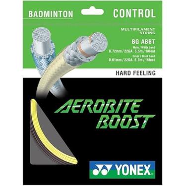 Imagem de YONEX Corda híbrida Aerobite Boost Badminton, controle máximo e rotação, principal 0,72 mm 21GA 5,5 m 5,5 m, cruz 0,61 mm 22GA 5,0 m, 5,9 m, escolha de cores (cinza/amarelo)