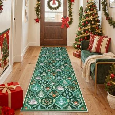 Imagem de Lahome Tapete de corredor de Natal de treliça marroquina, tapete de Natal verde 2x6 antiderrapante, tapetes macios para cozinha com suporte de borracha para corredores e quarto, lavanderia (0,6 x 1,8