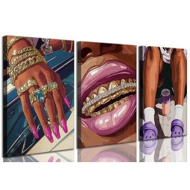 Imagem de Arte de parede em tela para mulher negra afro-americana, 3 peças, roxo, moda, pintura de meninas negras, decoração de parede, pôster impresso, arte para sala de estar, quarto, decoração de casa