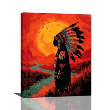 Imagem de Arte de parede nativa americana tribo indígena decoração de parede imagens em tela de penas pinturas de paisagem vintage impressões arte tradicional decorações emolduradas para banheiro quarto sala de