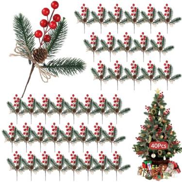 Imagem de LUMINFLY Ramos de agulha de pinheiro, 40 peças de decorações de Natal, palhetas de frutas vermelhas de pinha, ramos artificiais de pinhas, para decoração de férias, grinalda de flores DIY