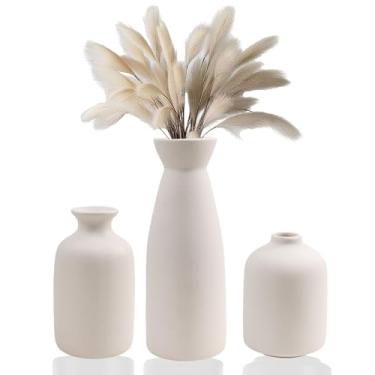 Imagem de Conjunto de 3 peças de vaso de cerâmica branca, estilo boêmio, fosco, textura fosca, vaso decorado com grama dos pampas e flores secas. Pode ser colocado em uma prateleira/mesa/lareira. (branco)