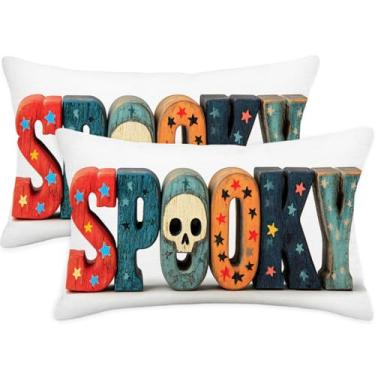 Imagem de Puacino Conjunto de 2 capas de almofada lombar assustadoras coloridas de Halloween, 30 x 50 cm, com design de caveira e letra de estrela, capas de almofada decorativas de linho branco para sofá