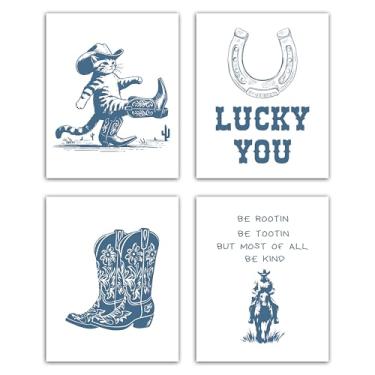 Imagem de Conjunto de 4 pôsteres Western Cowboys, Lucky You, decoração de parede para escritório, casa, quarto, dormitório, decoração de quarto infantil, decoração de impressão de imagem vintage ocidental para