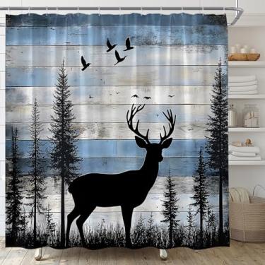 Imagem de Cortina de chuveiro rústica, veado, floresta, vida selvagem, casa de fazenda, cabana, animal, campo, caça, acampamento, vintage, tábua, madeira, tecido, decoração de banheiro, cortina de banho com