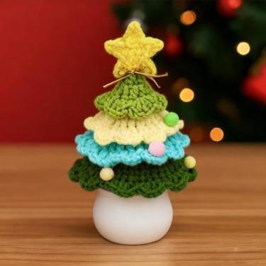 Imagem de Vaso de árvore de Natal de crochê – para decoração de Natal, mini decoração de malha para casa/escritório, azul gradiente