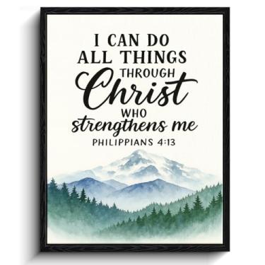 Imagem de Arte de parede em verso cristão, verso de Filipenses 4:13, decoração de parede de montanhas em aquarela, impressão em tela emoldurada com acabamento fosco, arte de pôster de Filipenses 4:13, para