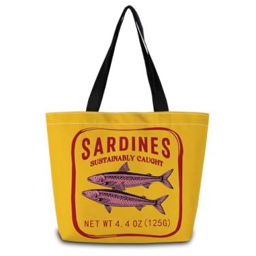 Imagem de ZhuVantrix Sacola de lata de sardinha linda bolsa de ombro estética de compras com bolso interno com zíper leve e lavável elegante sardinha pode presente para mulheres amigas