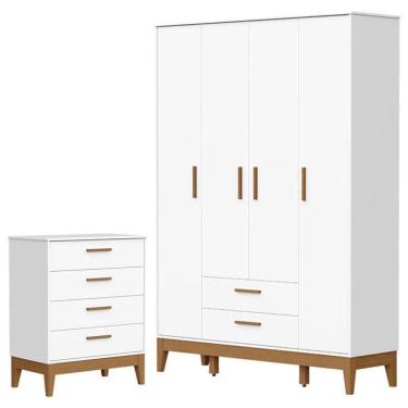 Imagem de Guarda Roupa Infantil Flip 4 Portas Com Cômoda Gaveteiro Infantil Flip Branco Acetinado - Reller