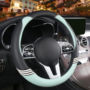 Imagem de Binsheo Capa de volante fofa de 35,5 cm para mulheres e homens, couro sintético e fibra de carbono, preta e verde