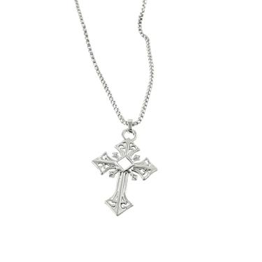 Imagem de LUSKINNO Colar de cruz vintage para homens e mulheres, pingente de crucifixo antigo de aço titânio com corrente de cabo,