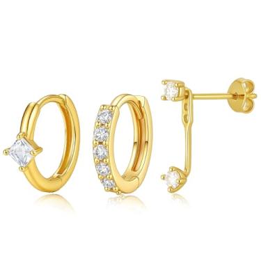 Imagem de 3 peças de brincos de argola para mulheres, brincos de argola delicados da moda, brincos banhados a 14 quilates, pequenos brincos de argola de prata dupla para mulheres, conjunto de brincos de