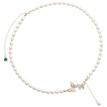 Imagem de Colar feminino com pingente de borboleta, cobre banhado a ouro com imitação de pérolas, comprimento ajustável 39 + 3,5 cm, design elegante e criativo, caixa de presente preta incluída