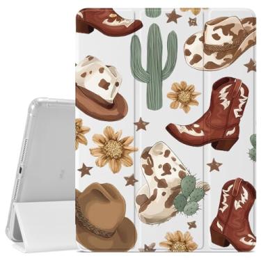 Imagem de VibrantFruitique Capa retrô caubói ocidental para iPad 9ª/8ª/7ª geração, 10,2 polegadas (versão 2021/2020/2019), capa de bota com estampa de vaca, porta-lápis, traseira de TPU macio transparente e