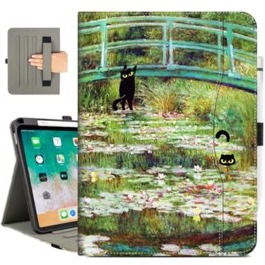 Imagem de Vimorco Capa de couro para iPad Pro 11 polegadas M5/M4 2025/2024, capa protetora de couro PU, alça de mão, bolso para cartão com porta-lápis, despertar/hibernar automaticamente, lírio d'água e gato