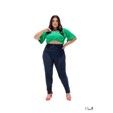 Imagem de Calça Plus Size Legging Gorgurão Canelado Com Bolsos Frontais Cós Larg