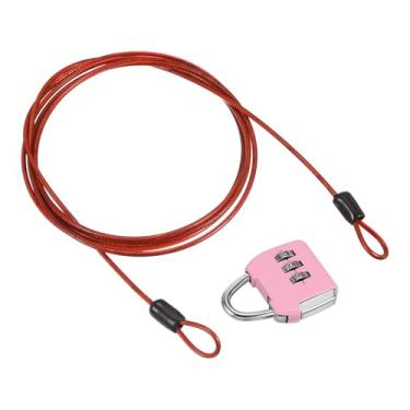 Imagem de PATIKIL Cabo de aço de segurança com trava de combinação de 3 dígitos, 1 conjunto de cadeado de viagem revestido de 1,8 m, corda de fio de segurança com laço duplo para mala de bagagem, vermelho, rosa
