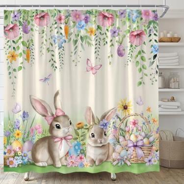 Imagem de ASVEAS Cortina de chuveiro primavera Páscoa coelho coelho rosa floral ovos plantas verdes tecido para decoração de banheiro banheira com ganchos (177.8 cm WX70 H)