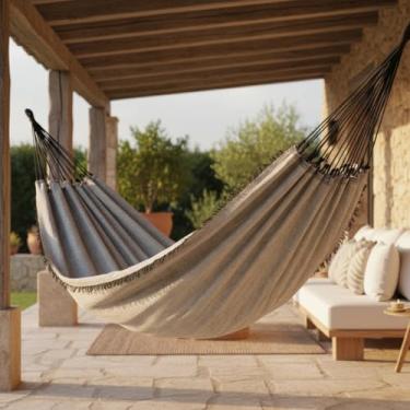 Imagem de Rede de Descanso Dunas, Algodão 100%, Areia com Preto, 3.90m x 1.40m, Suporta 200kg, Para Varanda, Jardim e Área Externa