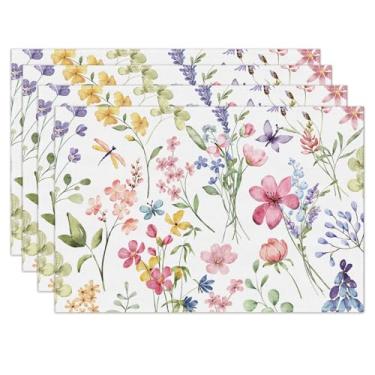 Imagem de Conjunto de 4 jogos americanos de flores em aquarela, primavera, verão, Páscoa, floral, casa, cozinha, sala de jantar, decoração de mesa