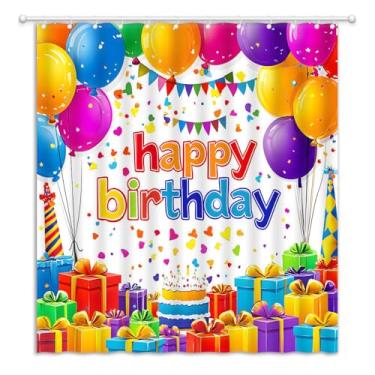 Imagem de YOZSLGU Cortina de chuveiro de feliz aniversário, balões coloridos, tecido de fundo para festa de aniversário, cortinas de decoração de banheiro com ganchos, 177,8 cm L x 180 cm A