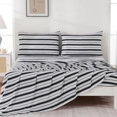 Imagem de MCO Jogo de lençol listrado de 4 peças, Queen respirável com bolso profundo de 41 cm, moderno e luxuoso, conjunto de cama de microfibra escovada (Queen, preto)