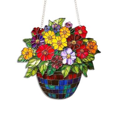 Imagem de Bob22store Vaso de flores colorido estilo vitral Suncatcher - 15 cm pendurado em acrílico para janela - Decoração de apanhador de luz floral brilhante para casa ou jardim - Ornamento plano 2D presente