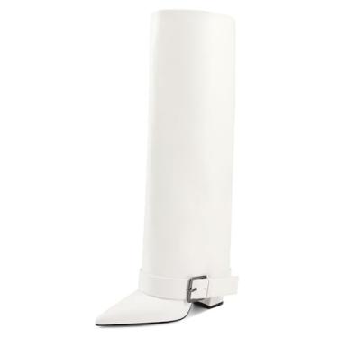 Imagem de GPXGPX Botas de cano alto femininas dobráveis, salto alto grosso, panturrilha, bico fino, fivela de cinto, bota longa para mulheres, Branco, 40