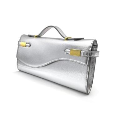 Imagem de Qiannaura Bolsa de ombro minimalista longa envelope para viagem, bolsas de mão formais de cor sólida para mulheres com alça removível, Prata